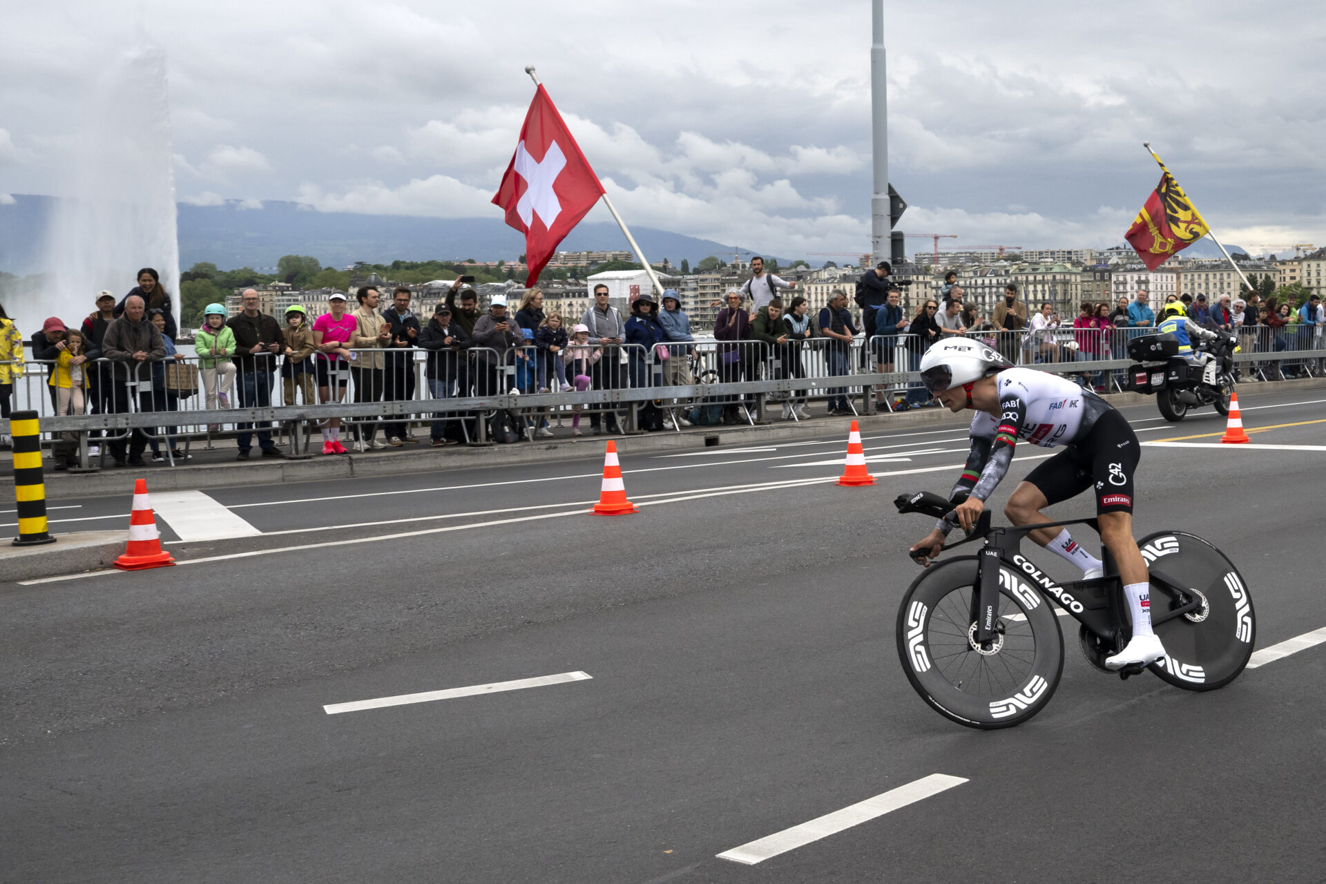 Joao Almeida from Portugal of UAE Team Emirates XRG in action during the fifth and final stage, a 17,1 km race against the clock at the 78th Tour de Romandie UCI World Tour Cycling race, in Geneva, Switzerland, Sunday, May 4, 2025. (KEYSTONE/Jean-Christophe Bott)