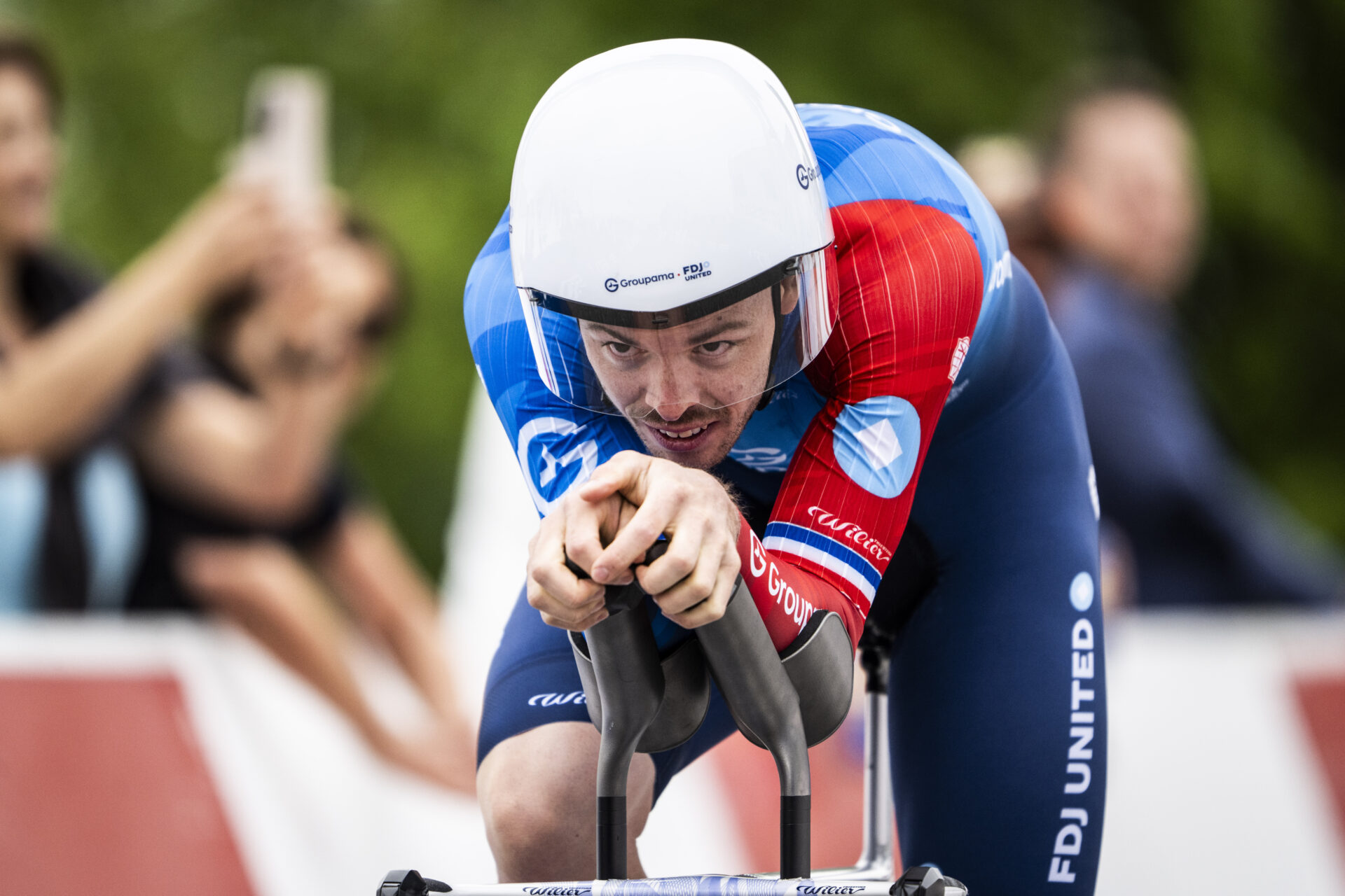Remi Cavagna from France of team Groupama-FDJ United in action during the prologue, a 3,2 km race against the clock at the 79th Tour de Romandie UCI World Tour Cycling race, in Villars-sur-Glane, Switzerland, Tuesday, April 28, 2026. (KEYSTONE/Laurent Gillieron)