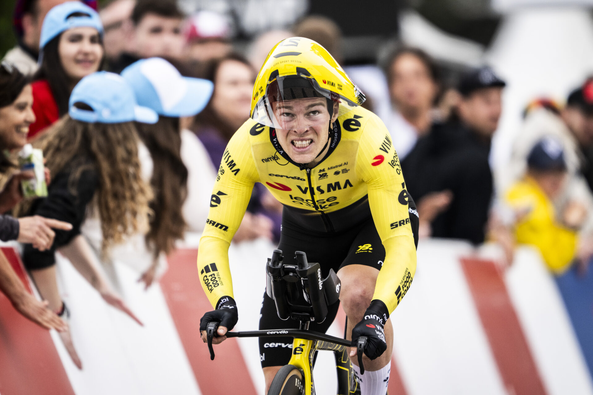 Axel Zingle from France of team Team Visma - Lease a Bike in action during the prologue, a 3,2 km race against the clock at the 79th Tour de Romandie UCI World Tour Cycling race, in Villars-sur-Glane, Switzerland, Tuesday, April 28, 2026. (KEYSTONE/Laurent Gillieron)