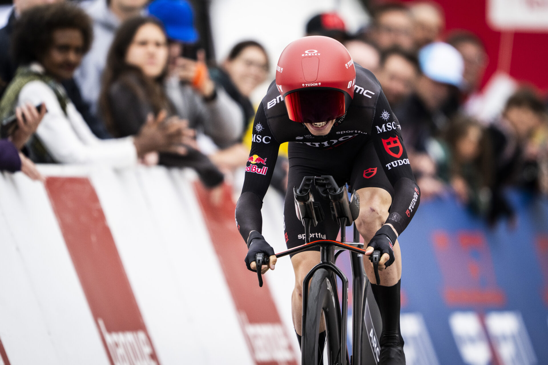 Yannis Voisard from Switzerland of Tudor Pro Cycling Team in action during the prologue, a 3,2 km race against the clock at the 79th Tour de Romandie UCI World Tour Cycling race, in Villars-sur-Glane, Switzerland, Tuesday, April 28, 2026. (KEYSTONE/Laurent Gillieron)