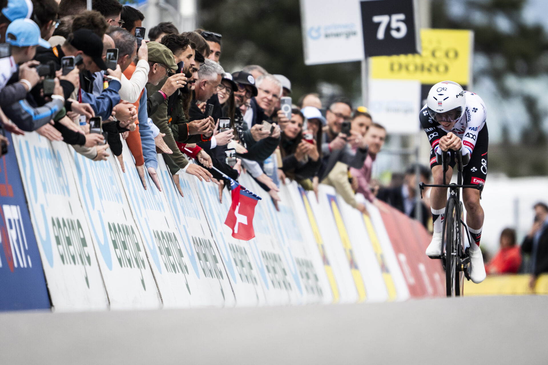 Tadej Pogacar from Slovenia of UAE Team Emirates XRG in action during the prologue, a 3,2 km race against the clock at the 79th Tour de Romandie UCI World Tour Cycling race, in Villars-sur-Glane, Switzerland, Tuesday, April 28, 2026. (KEYSTONE/Laurent Gillieron)