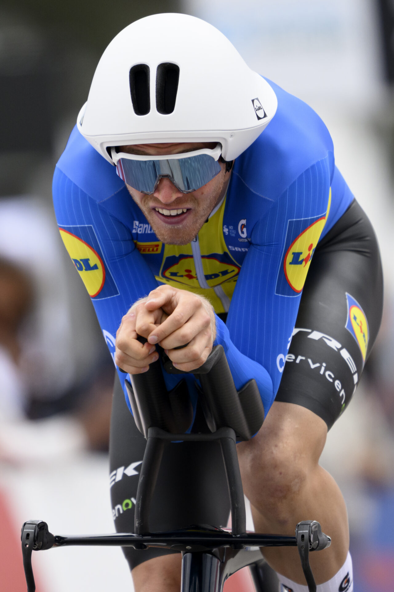 Second placed Jakob Soderqvist from Sweden of team Lidl-Trek in action during the prologue, a 3,2 km race against the clock at the 79th Tour de Romandie UCI World Tour Cycling race, in Villars-sur-Glane, Switzerland, Tuesday, April 28, 2026. (KEYSTONE/Laurent Gillieron)