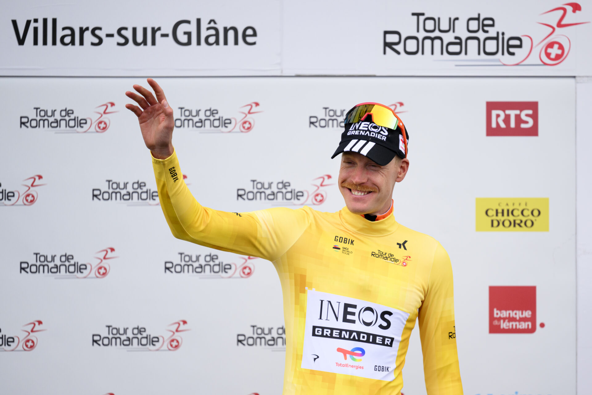 Dorion Godon from France of team INEOS Grenadiers reacts in the yellow leader jersey after the prologue, a 3,2 km race against the clock at the 79th Tour de Romandie UCI World Tour Cycling race, in Villars-sur-Glane, Switzerland, Tuesday, April 28, 2026. (KEYSTONE/Laurent Gillieron)