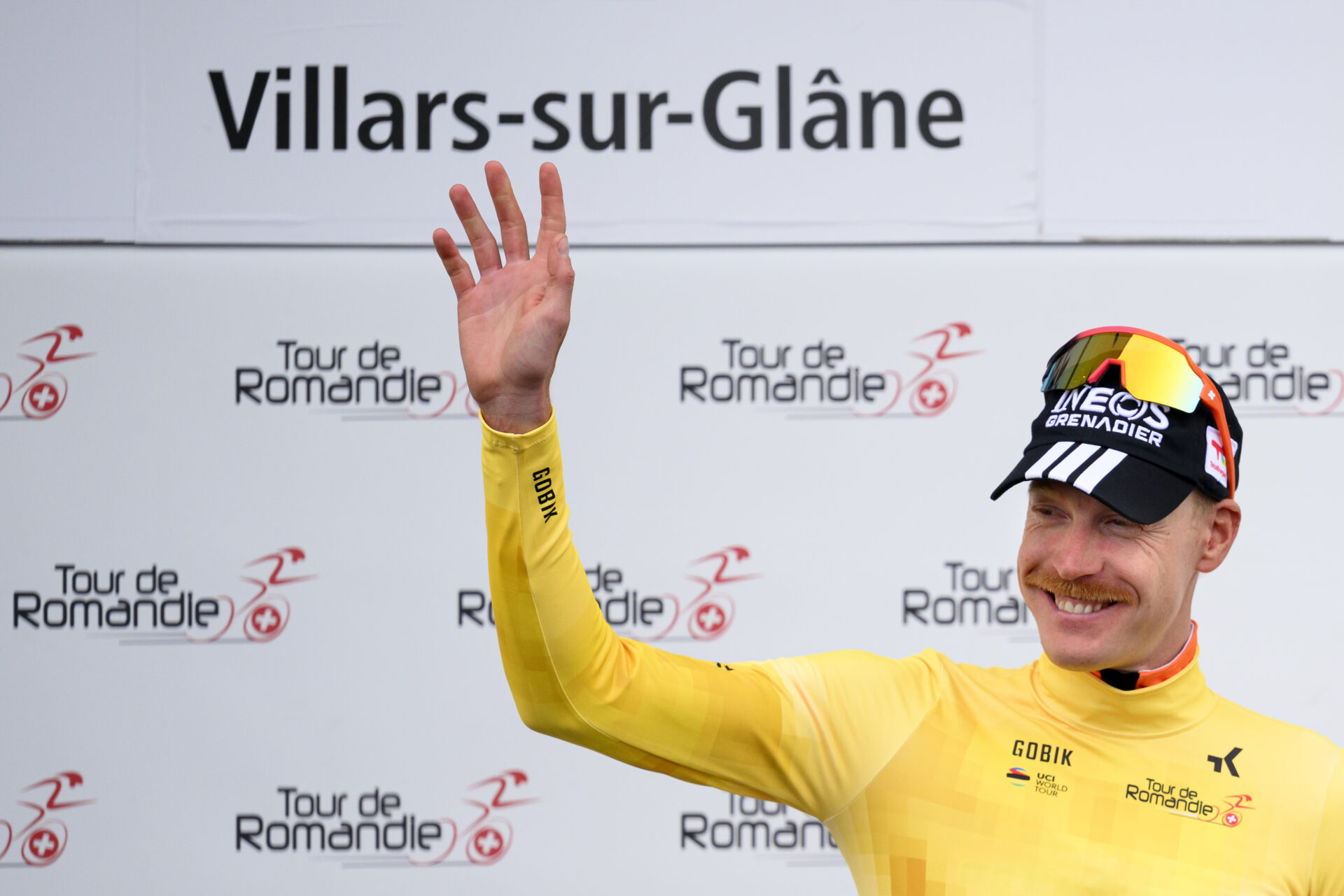 Dorion Godon from France of team INEOS Grenadiers reacts in the yellow leader jersey after the prologue, a 3,2 km race against the clock at the 79th Tour de Romandie UCI World Tour Cycling race, in Villars-sur-Glane, Switzerland, Tuesday, April 28, 2026. (KEYSTONE/Laurent Gillieron)