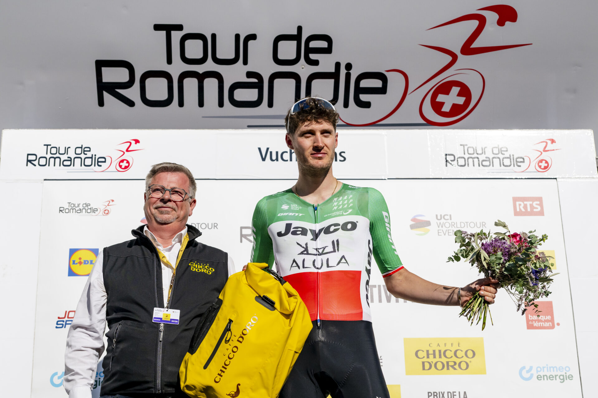 Filippo Conca from Italy of team Team Jayco AlUla celebrates on the podium during the second stage, a 173,1 km race between Rue and Vucherens at the 79th Tour de Romandie UCI World Tour Cycling race, in Vucherens, Switzerland, Thursday, April 30, 2026. (KEYSTONE/Jean-Christophe Bott)