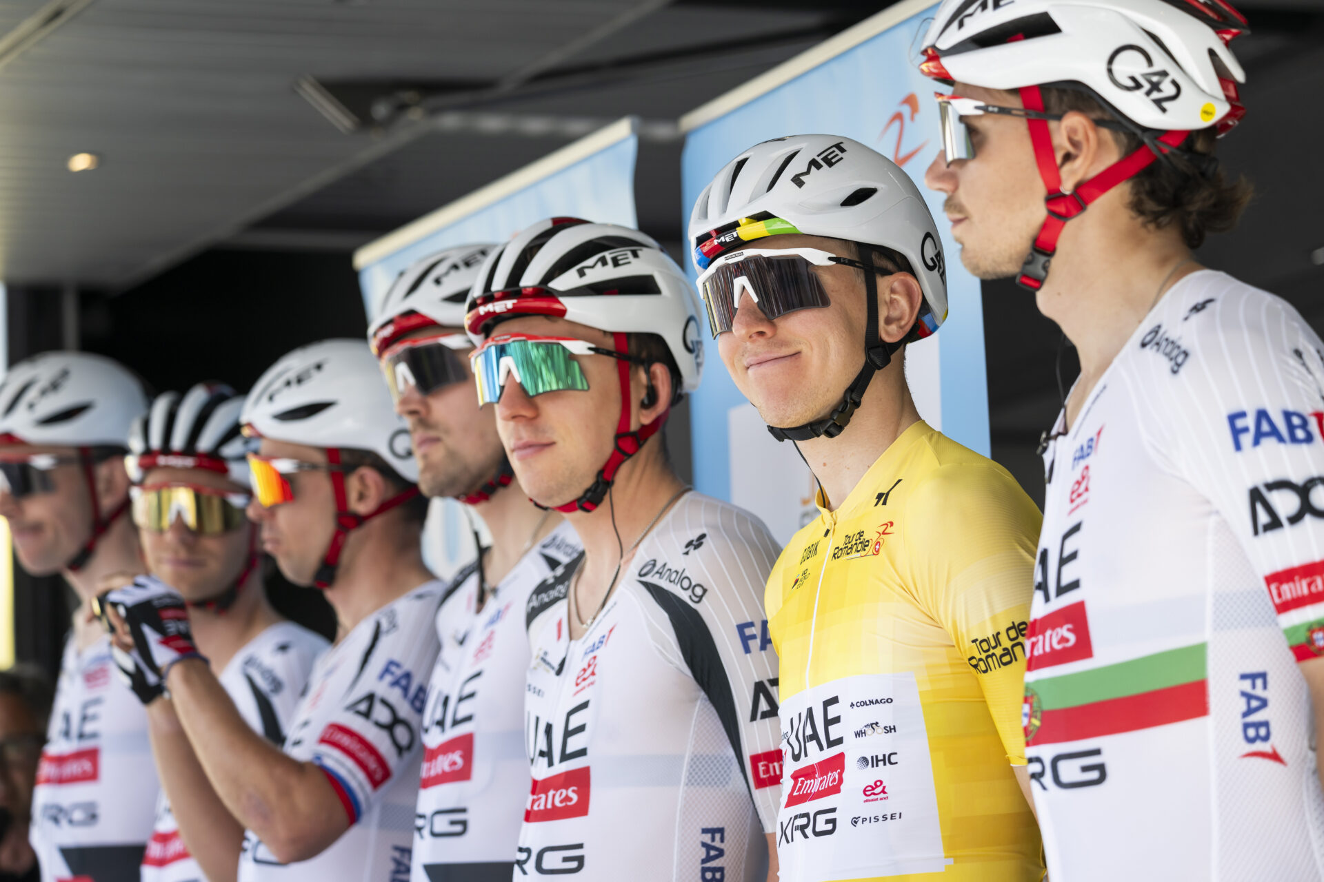 Tadej Pogacar from Slovenia of UAE Team Emirates XRG, in yellow, with his teammates during the team presentation during the fourth stage, a 149,6 km race between Broc and Charmey at the 79th Tour de Romandie UCI World Tour Cycling race, in Charmey, Switzerland, Saturday, May 2, 2026. (KEYSTONE/Jean-Christophe Bott)