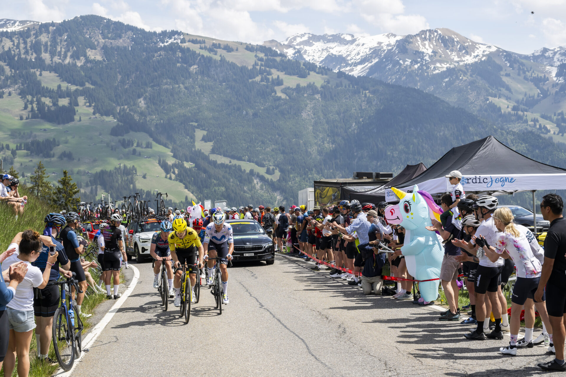 The pack at the Jaun Pass during the fourth stage, a 149,6 km race between Broc and Charmey at the 79th Tour de Romandie UCI World Tour Cycling race, in Charmey, Switzerland, Saturday, May 2, 2026. (KEYSTONE/Jean-Christophe Bott)