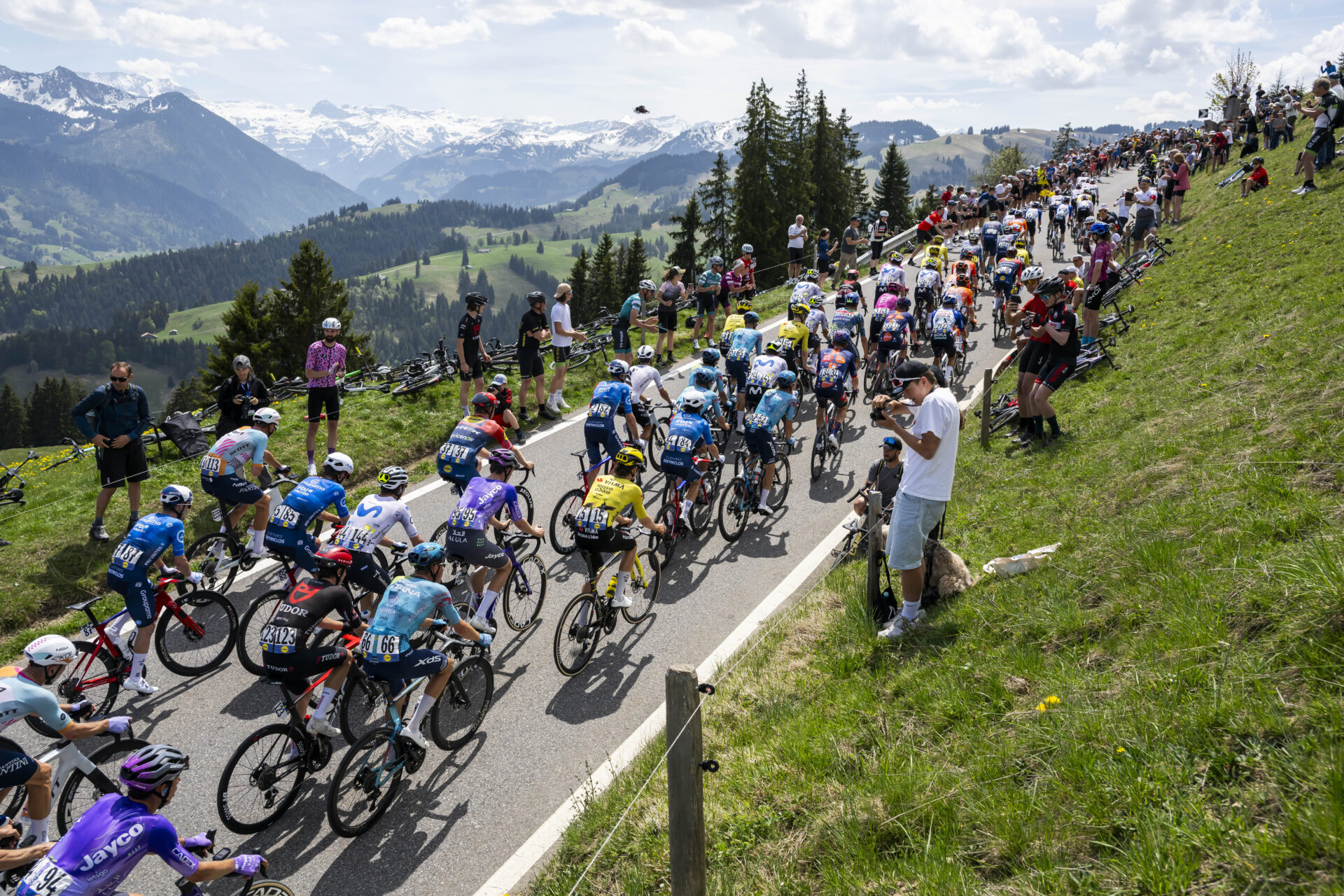 The pack at the Jaun Pass during the fourth stage, a 149,6 km race between Broc and Charmey at the 79th Tour de Romandie UCI World Tour Cycling race, in Charmey, Switzerland, Saturday, May 2, 2026. (KEYSTONE/Jean-Christophe Bott)