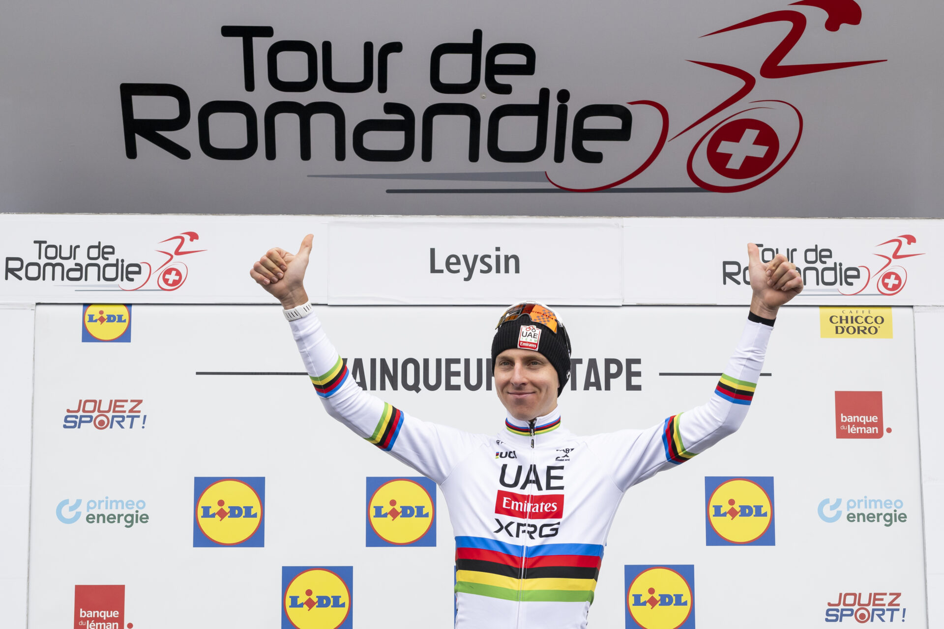 The winner of the Tour de Romandie 2026 Tadej Pogacar from Slovenia of UAE Team Emirates XRG celebrates on the podium during during the fifth and last stage, a 178,2 km race between Lucens and Leysin at the 79th Tour de Romandie UCI World Tour Cycling race, in Leysin, Switzerland, Sunday, May 3, 2026. (KEYSTONE/Jean-Christophe Bott)