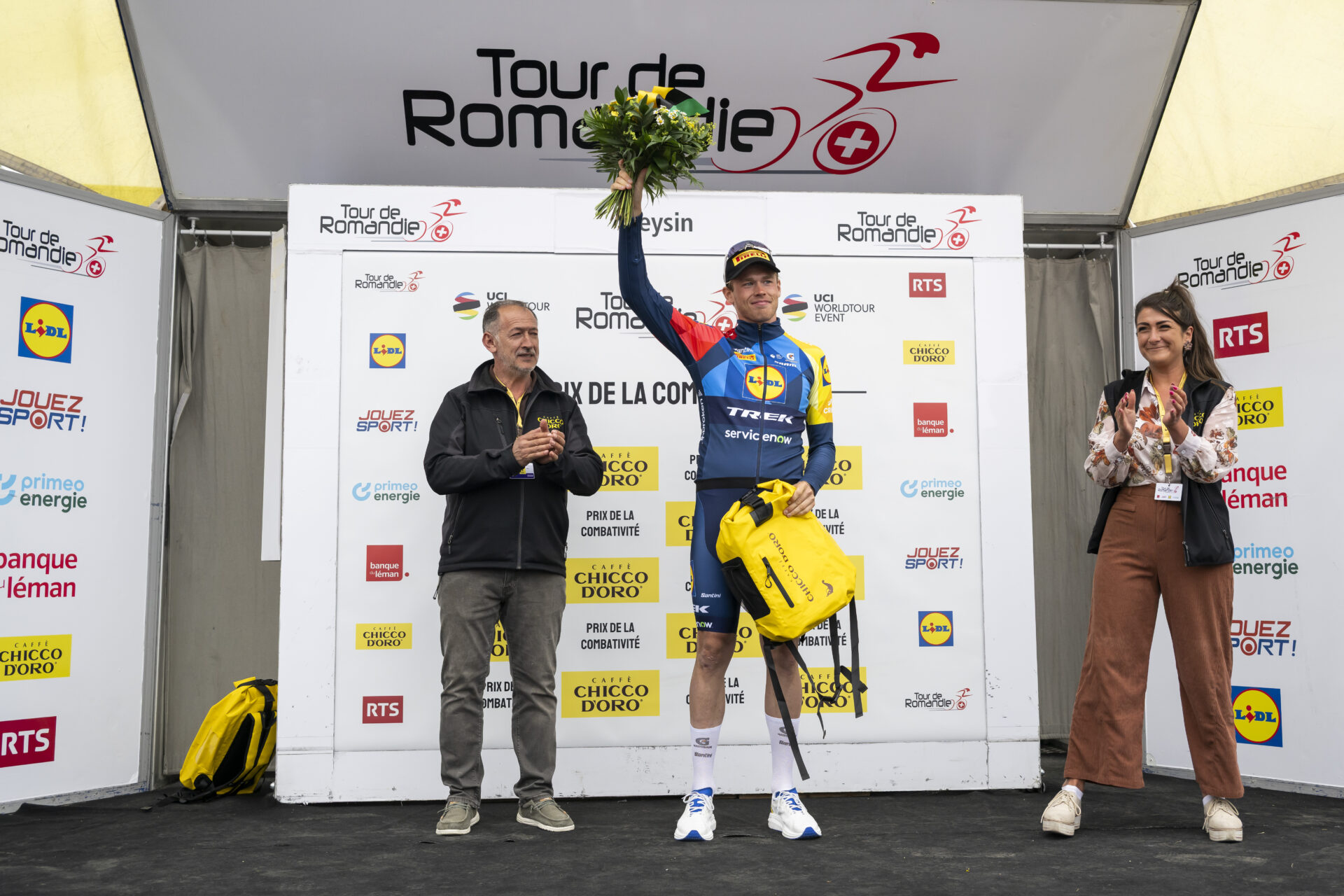 Jakob Soderqvist from Sweden of team Lidl-Trek celebrates on the podium during the fifth and last stage, a 178,2 km race between Lucens and Leysin at the 79th Tour de Romandie UCI World Tour Cycling race, in Leysin, Switzerland, Sunday, May 3, 2026. (KEYSTONE/Jean-Christophe Bott)