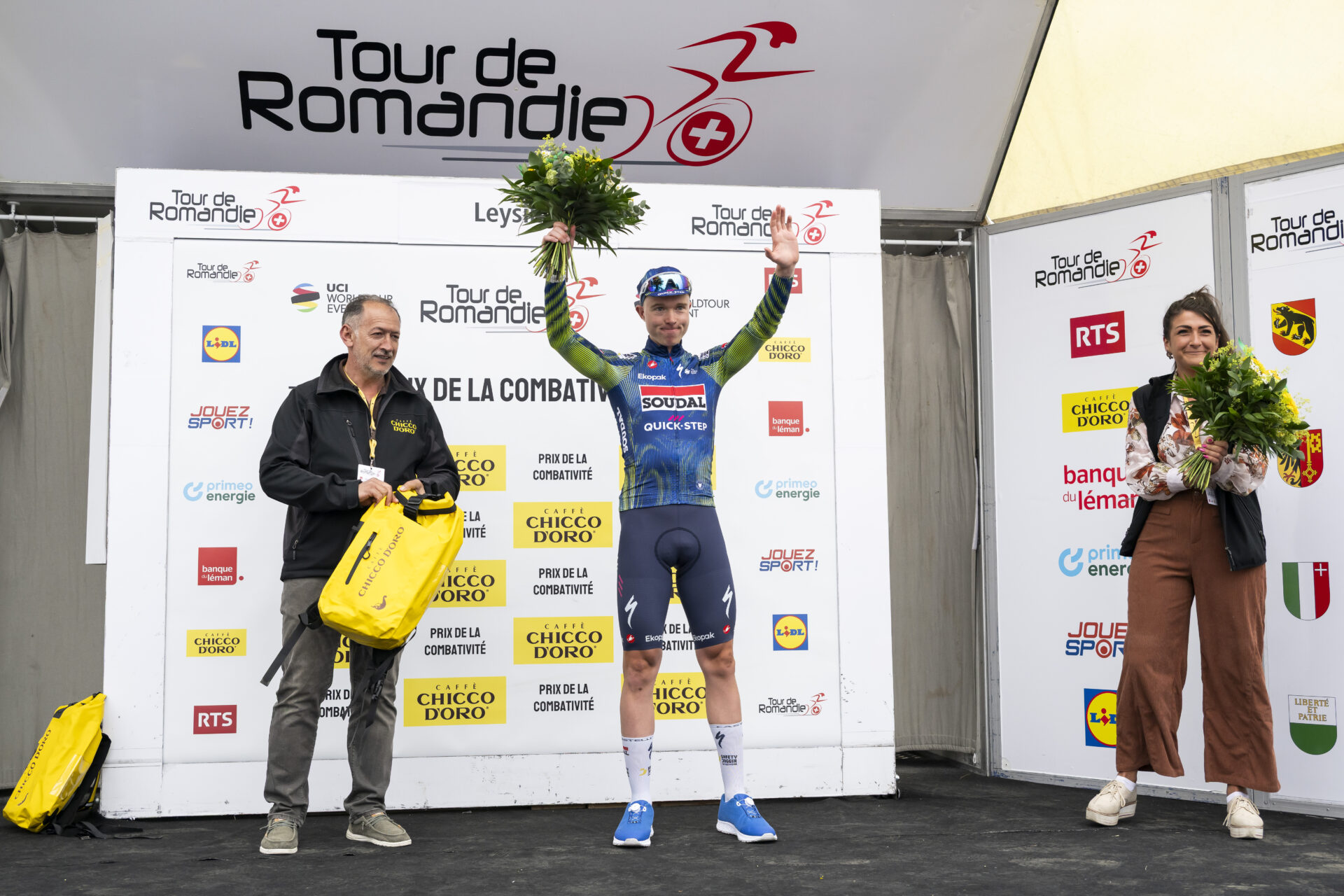 Gil Gelders from Belgium of team Soudal Quick-Step celebrates on the podium during the fifth and last stage, a 178,2 km race between Lucens and Leysin at the 79th Tour de Romandie UCI World Tour Cycling race, in Leysin, Switzerland, Sunday, May 3, 2026. (KEYSTONE/Jean-Christophe Bott)